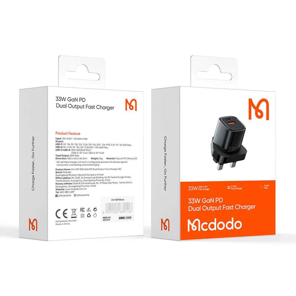 Mcdodo CH-0591 Nano Series 33W PD+QC Dual Port Charger (UK plug)