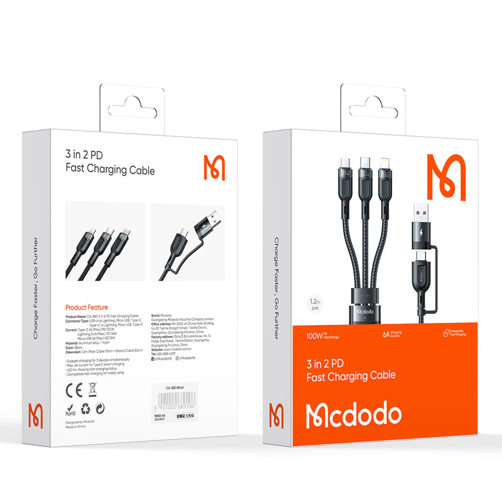 Mcdodo CA-880 Multifunction Data Cable – 2 in 1 PD USB-C / USB-A / Lightning / 1.2 Meters / Black