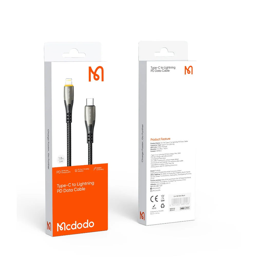Mcdodo CA-765 Porsche Series PD Type-C to Lightning Cable with LED – 1.8m