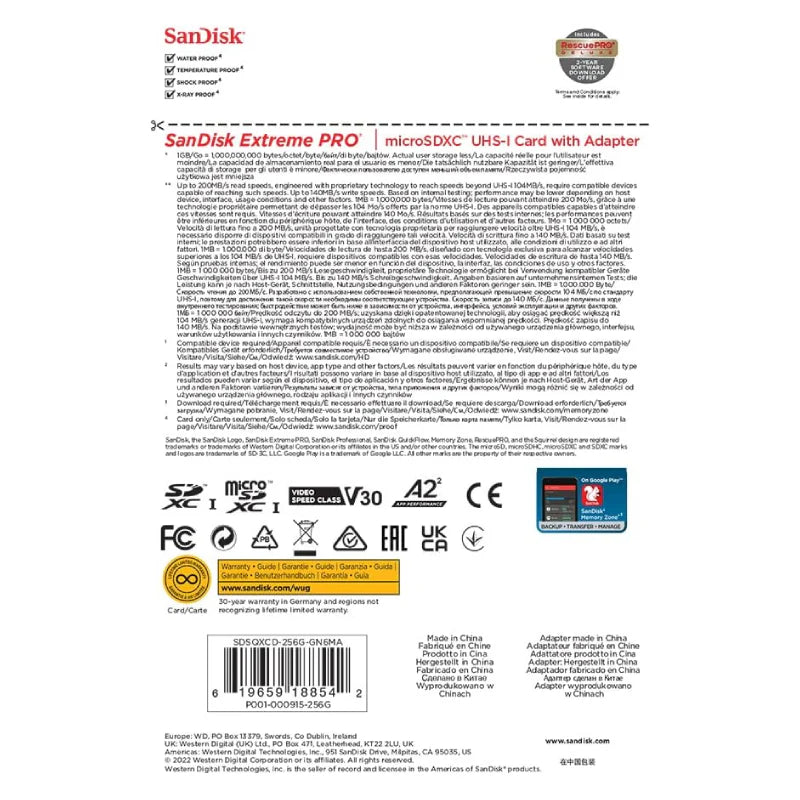 SanDisk Extreme PRO microSDXC UHS-I CARD with Adapter - 256GB / Up to 200 MB/s