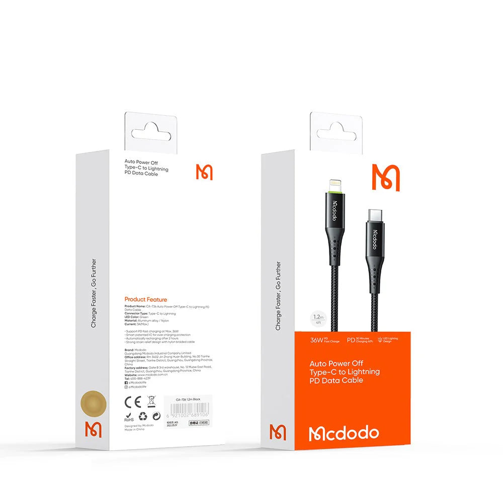 Mcdodo CA-736 Lightning To Type C Cable – 1.2M / 36W / Black