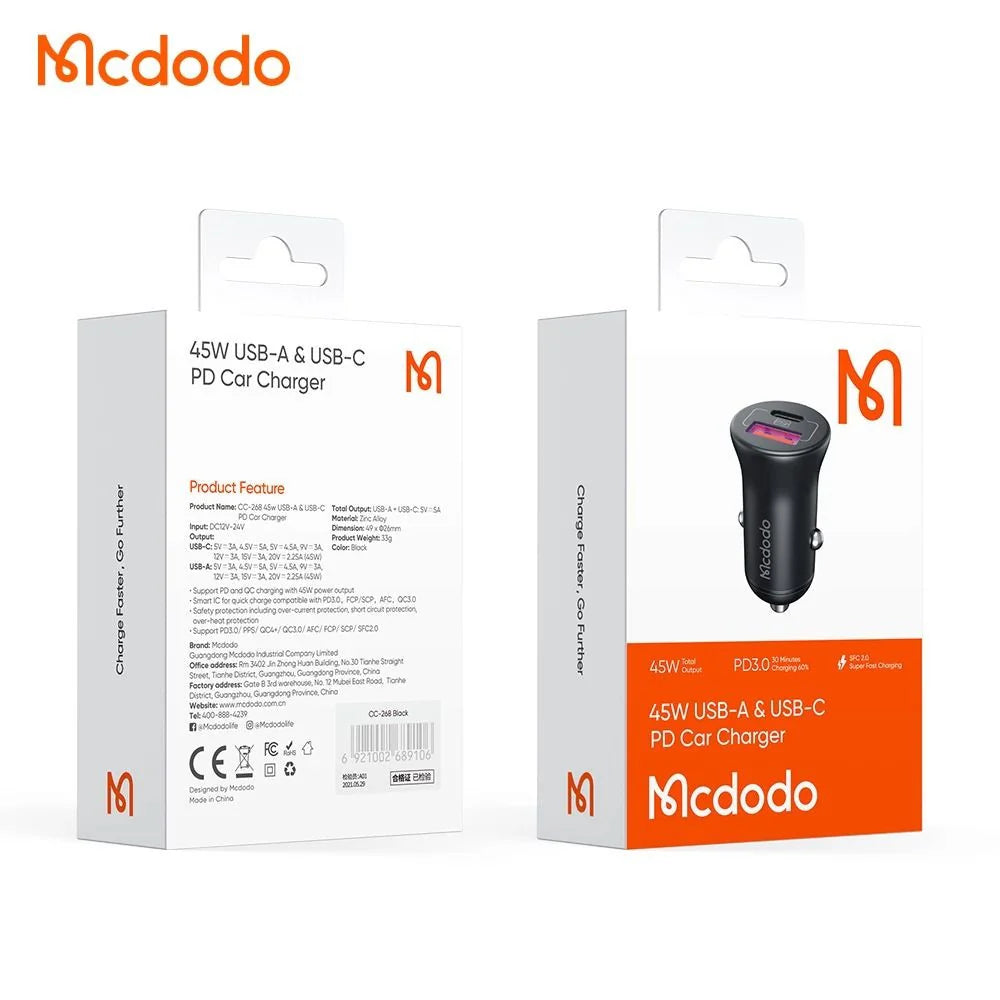 Mcdodo CC-2680 Car Charger USB+USB-C PD Dual Port, 45W, 5A