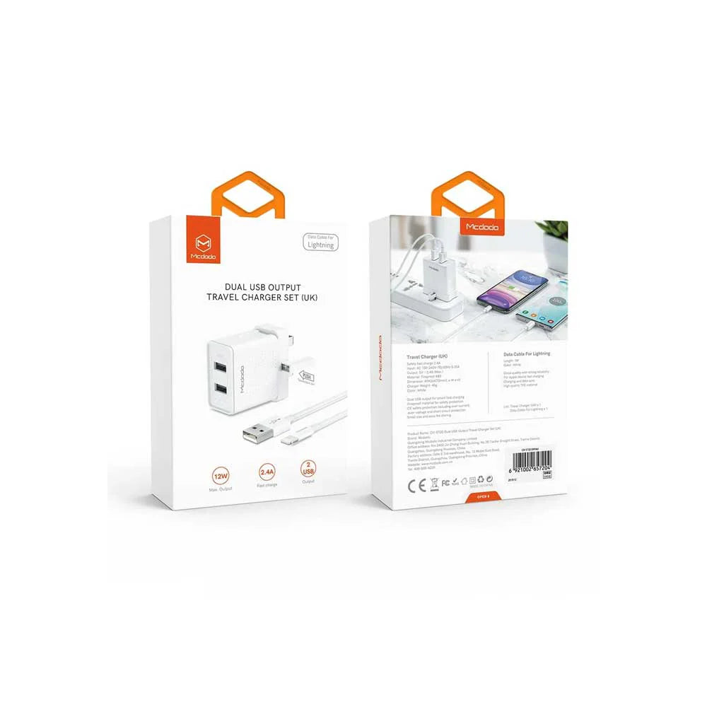Mcdodo CH-572 Dual USB Charger (UK) + Lightning Data Cable / Travel Set