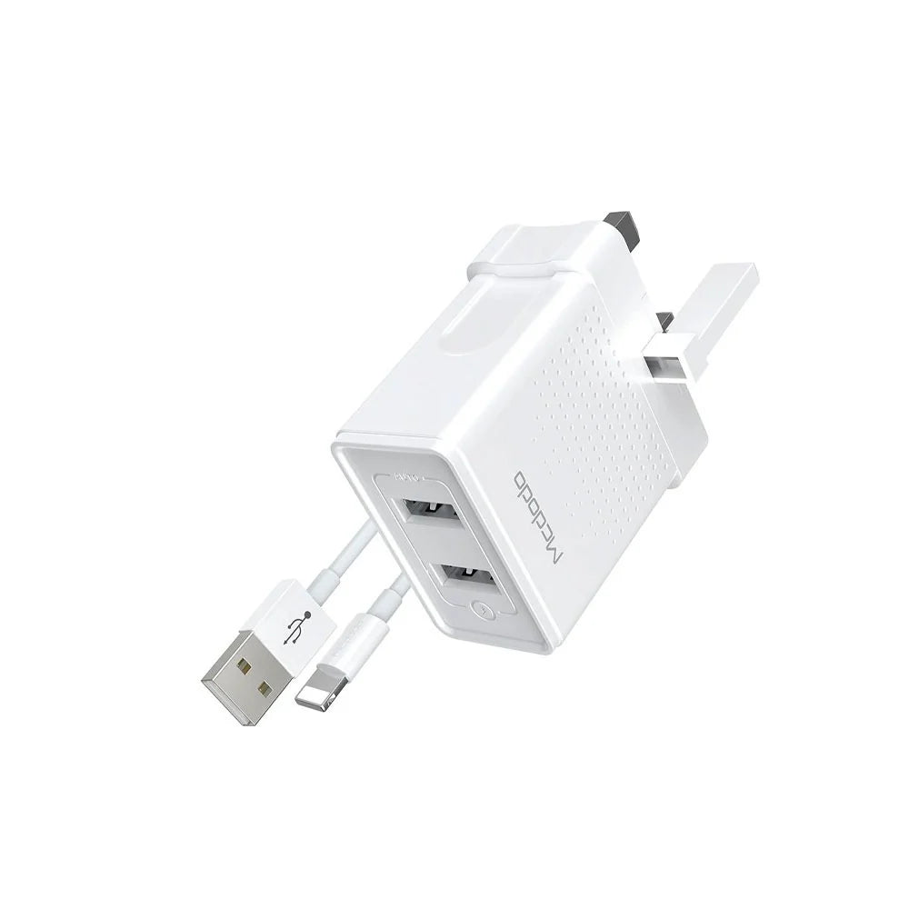 Mcdodo CH-572 Dual USB Charger (UK) + Lightning Data Cable / Travel Set