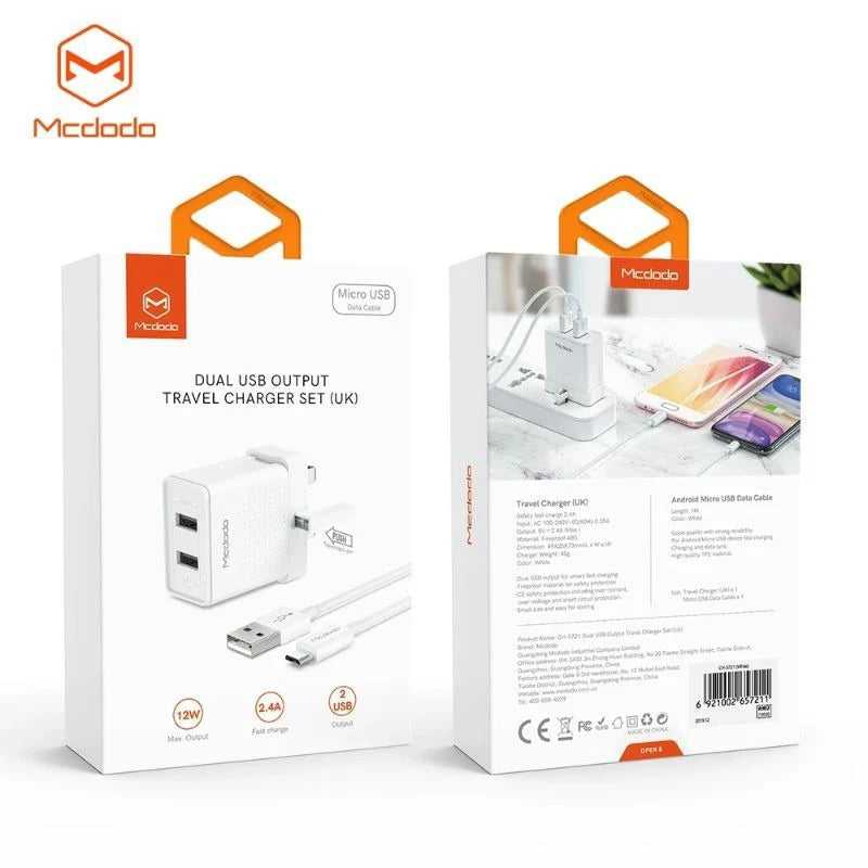 Mcdodo CH-572 Dual USB Charger (UK) + Micro USB Cable / Travel Set