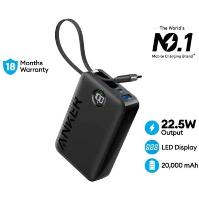 Anker Portable Power Bank 20000mAh 22.5W Built-in USB-C Cable – Black