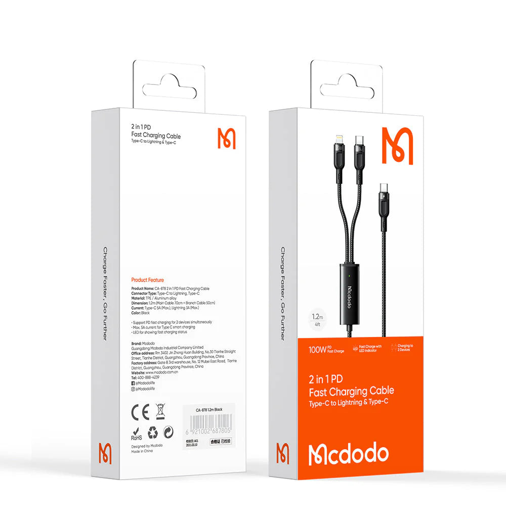 Mcdodo CA-878 2 in 1 Type C to Type C and Lightning Cable 1.2m