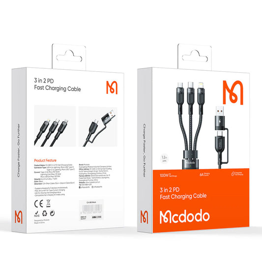 Mcdodo CA-880 Multifunction Data Cable – 2 in 1 PD USB-C / USB-A / Lightning / 1.2 Meters / Black