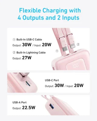 Anker Zolo Power Bank (20K, 30W, Built-In USB-C and Lightning Cable) – Pink