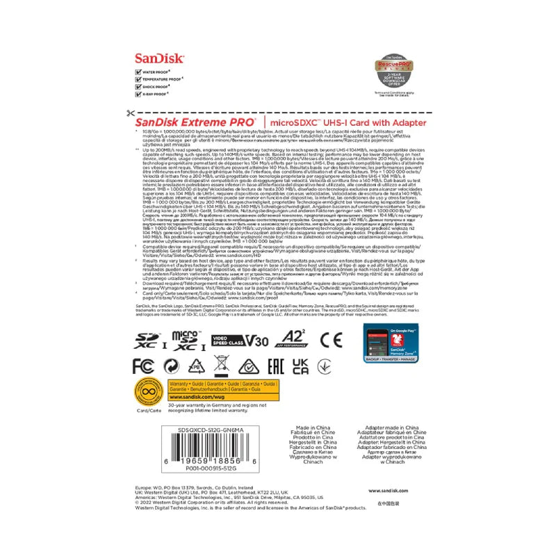 SanDisk Extreme PRO microSDXC UHS-I CARD with Adapter - 512GB / Up to 200 MB/s
